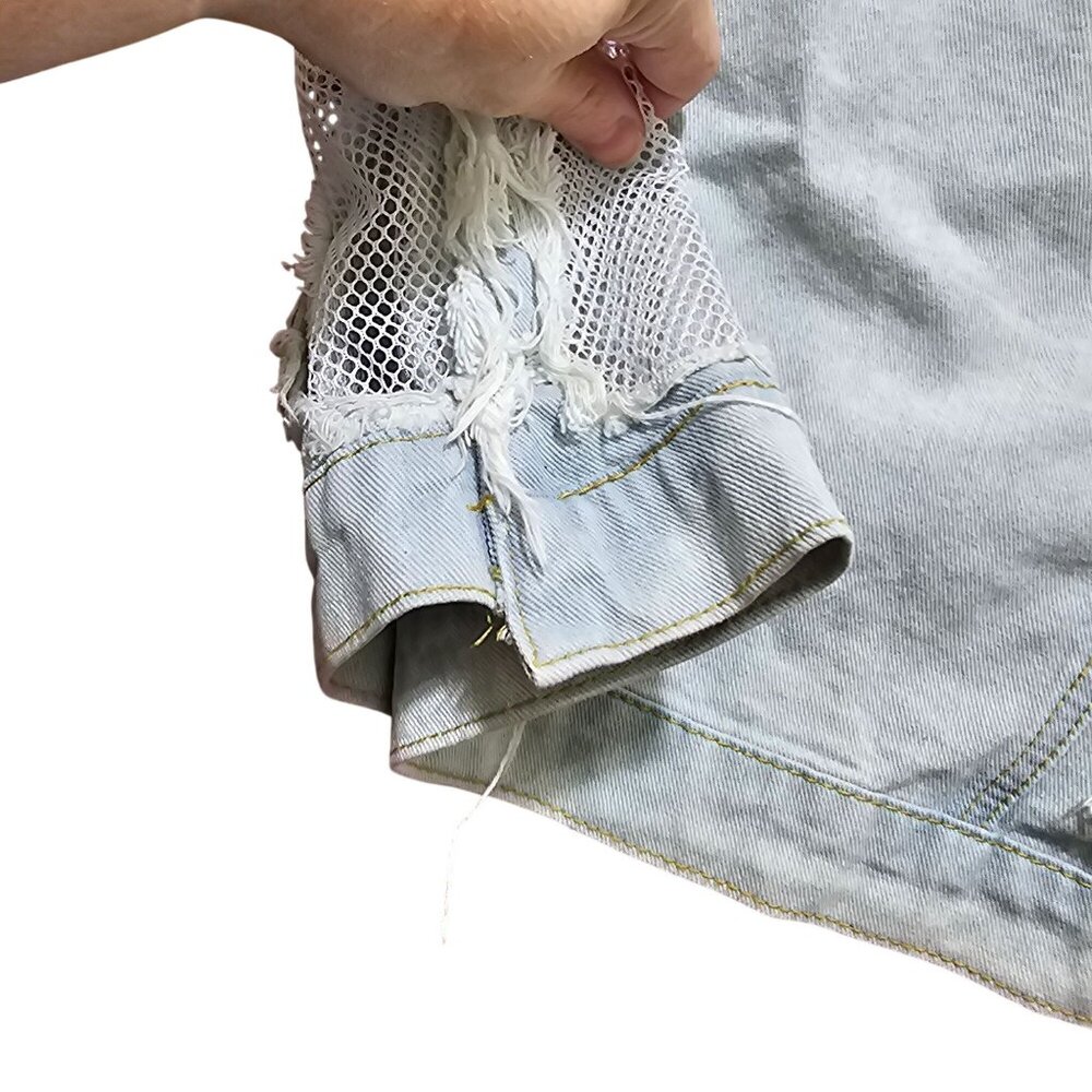 Distressed Light Wash Denim Jacket With Mesh Inserts Frayed Detailing & Button C - Picture 11 of 13